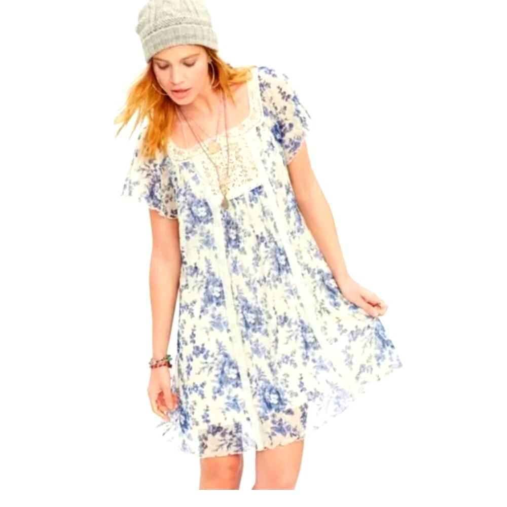 RALPH LAUREN Denim & Supply Blue Floral Crochet Lace Trim Shift Dress, sz L